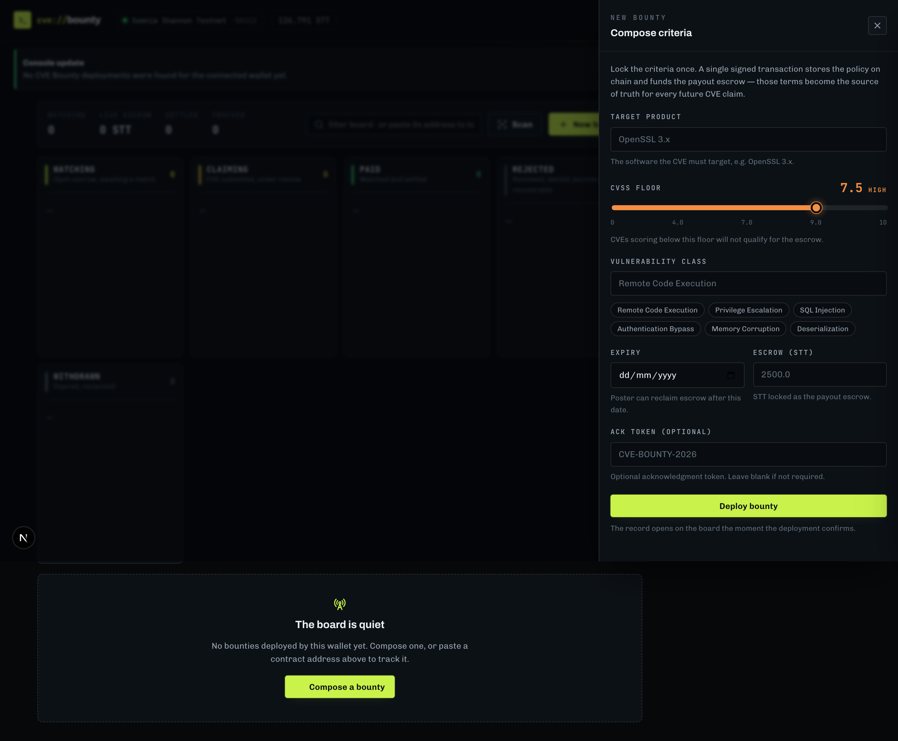 Posting a bounty with a CVSS floor and acknowledgment token.