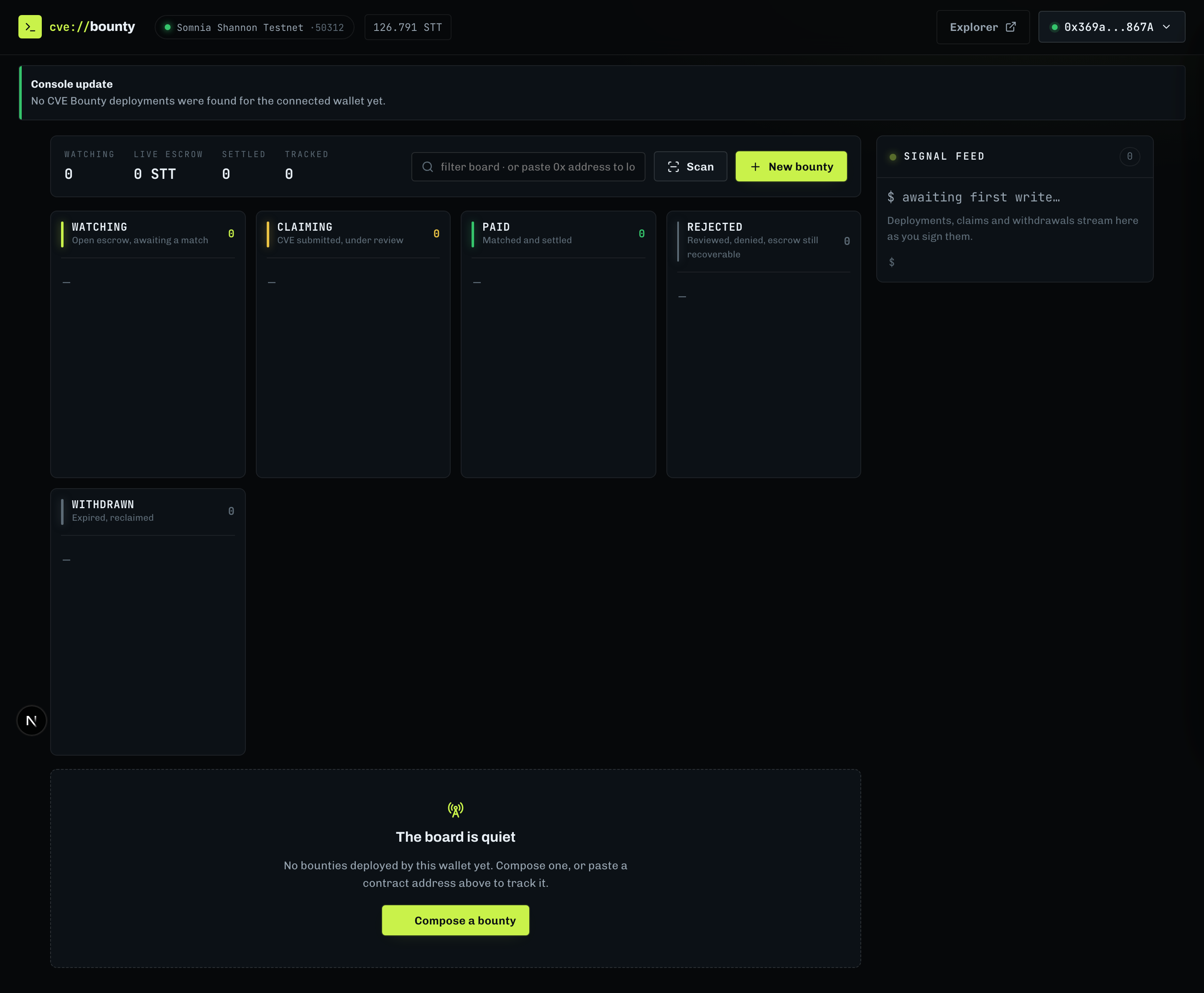Streaming feed of on-chain claim and settlement events.