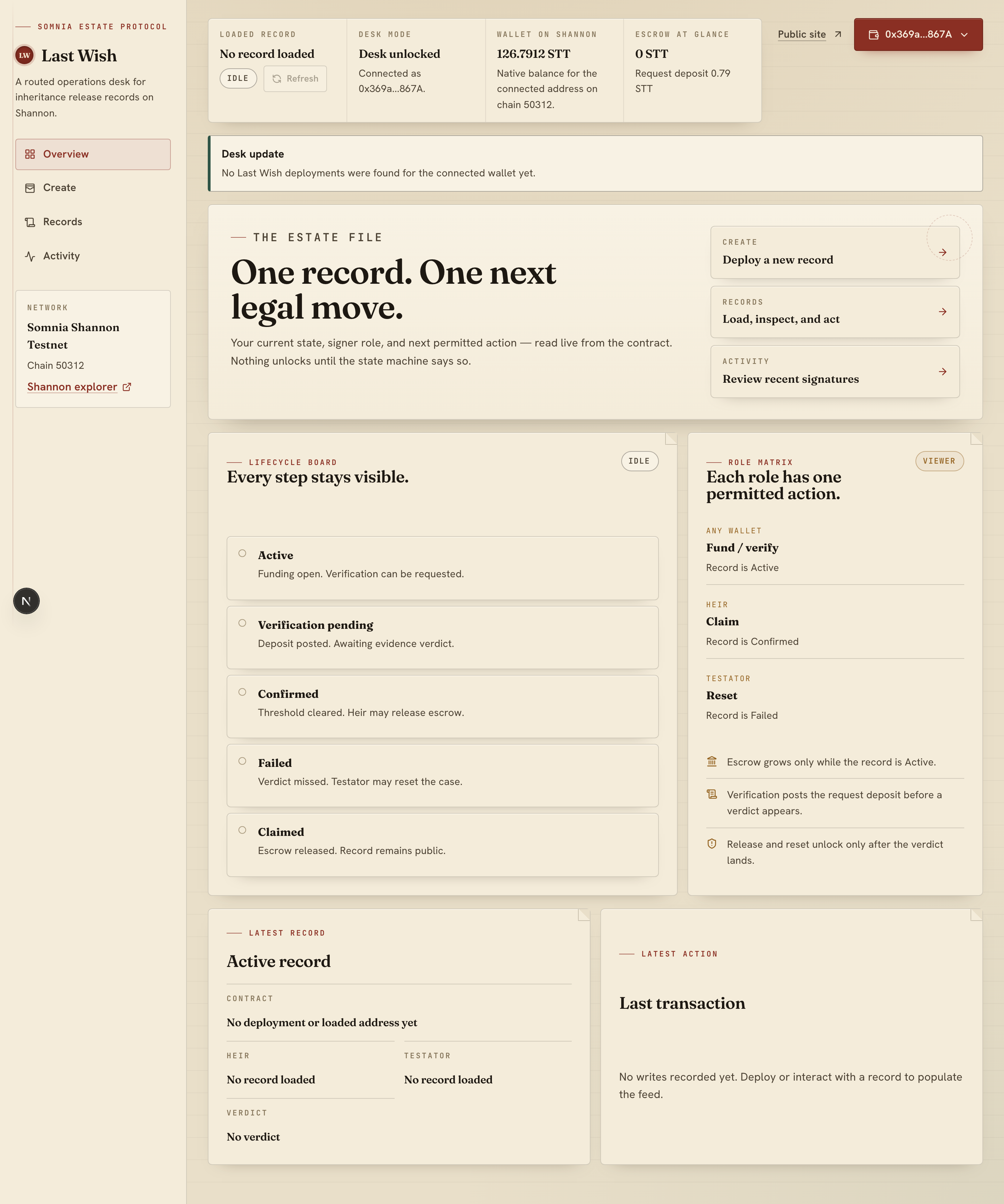 Estate case file: lifecycle board, dossier, role matrix, and status seals.