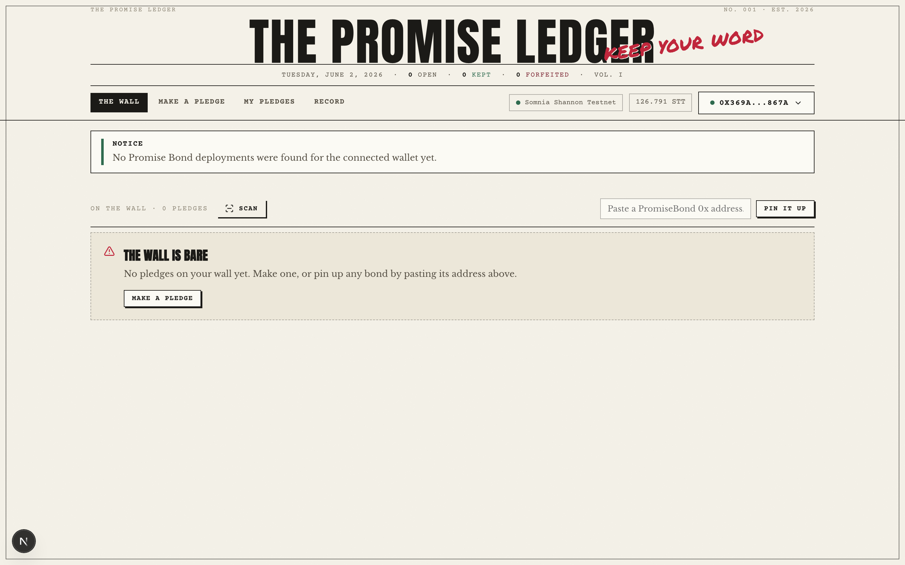 Broadsheet wall of staked pledges with live deadline countdowns.
