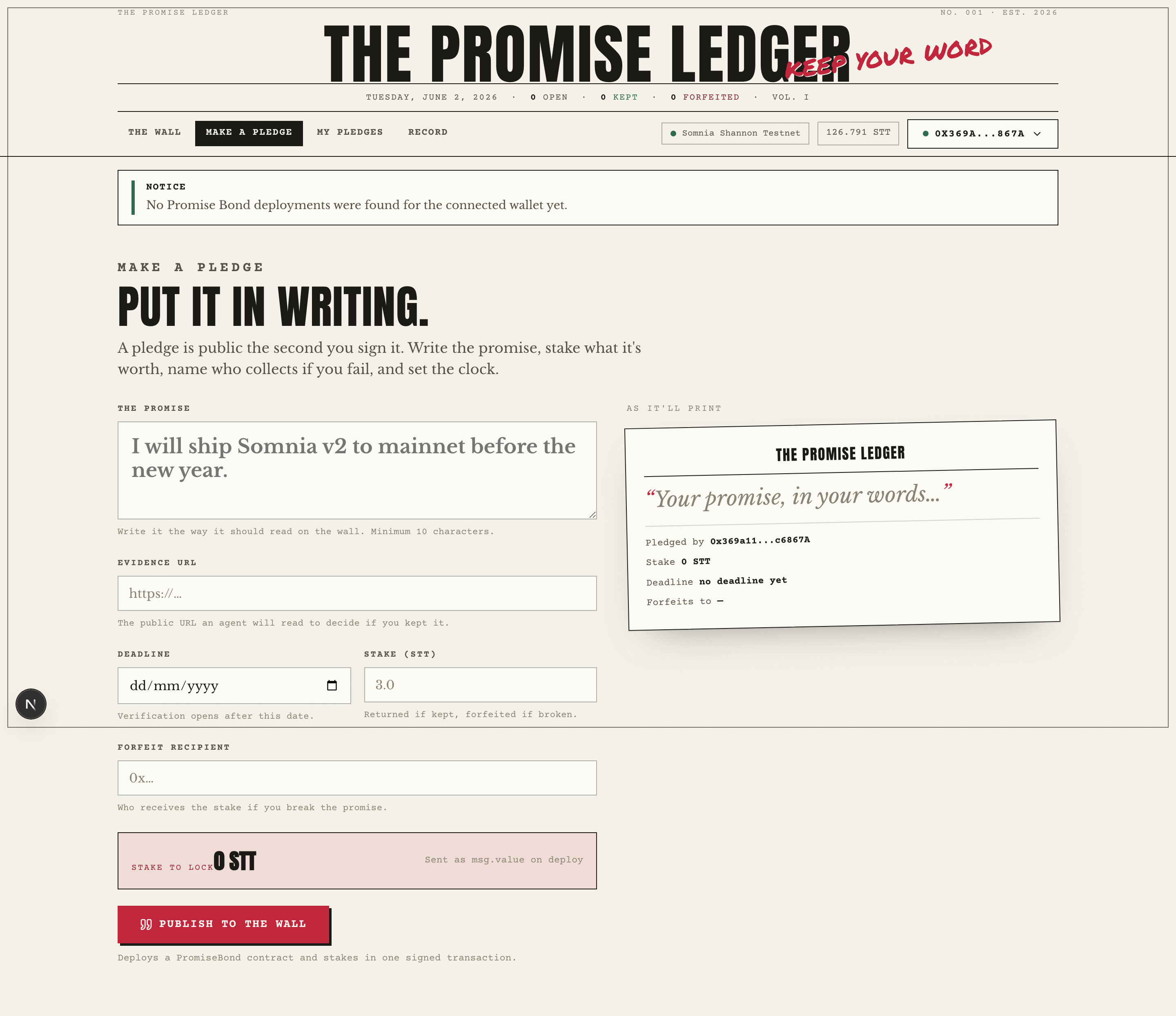 Staking a commitment against a public source of truth.